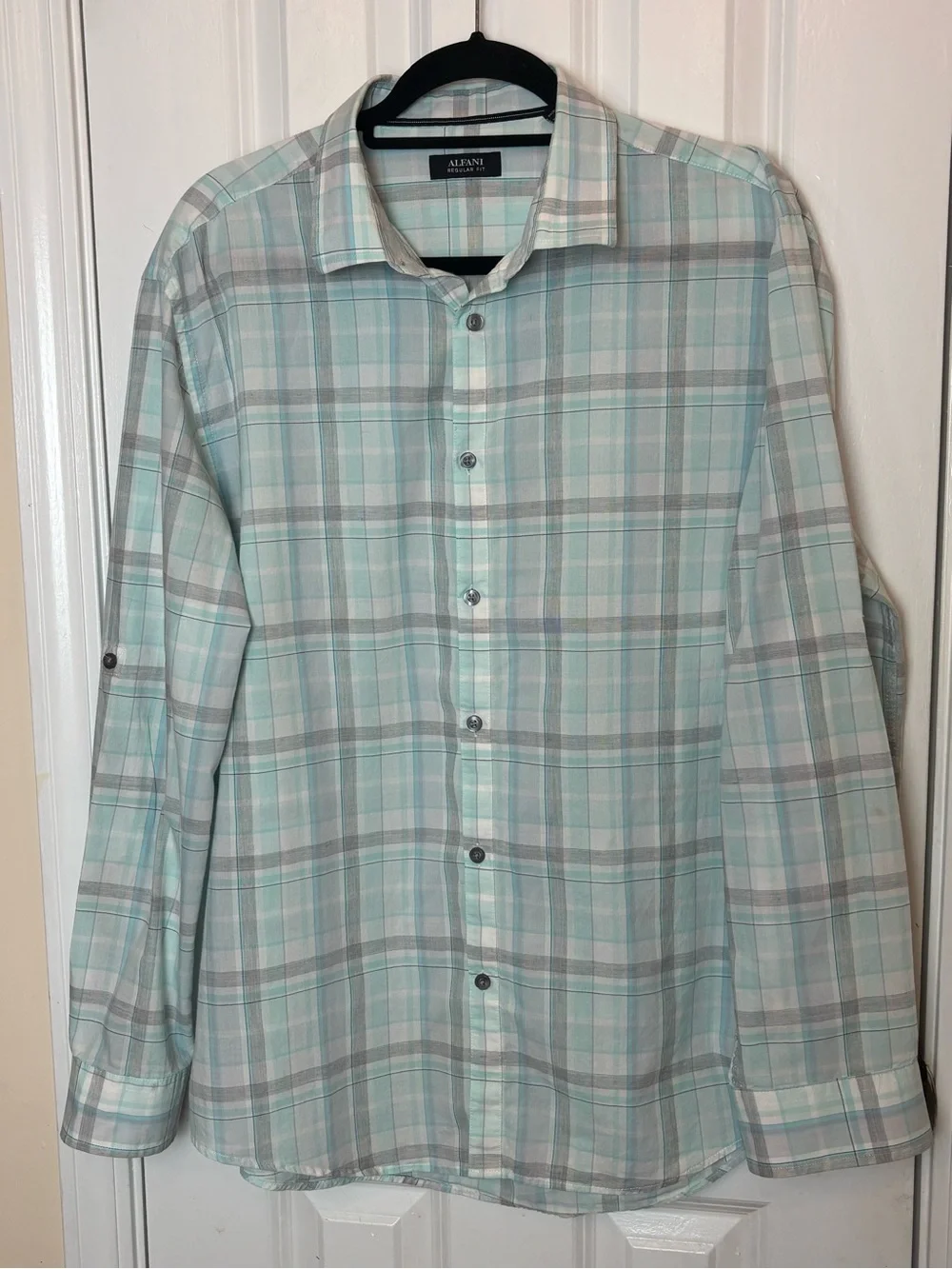 Aqua Gray XL Plaid Button Down Shirt Reg Fit Casual Career Father’s Day Gift